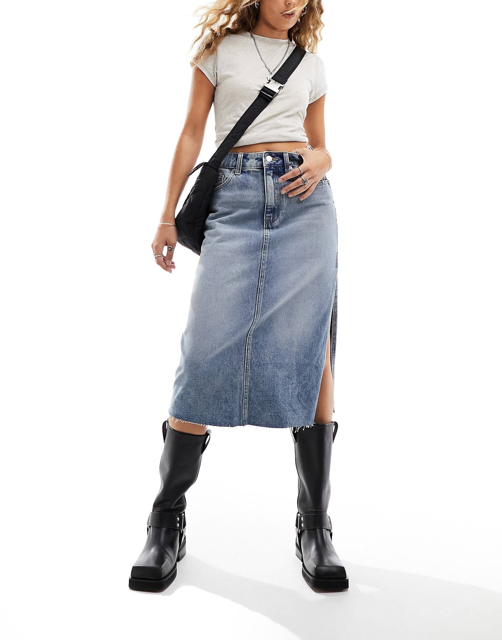 ASOS DESIGN denim midi skirt with side split in midwash blue | ASOS (Global)