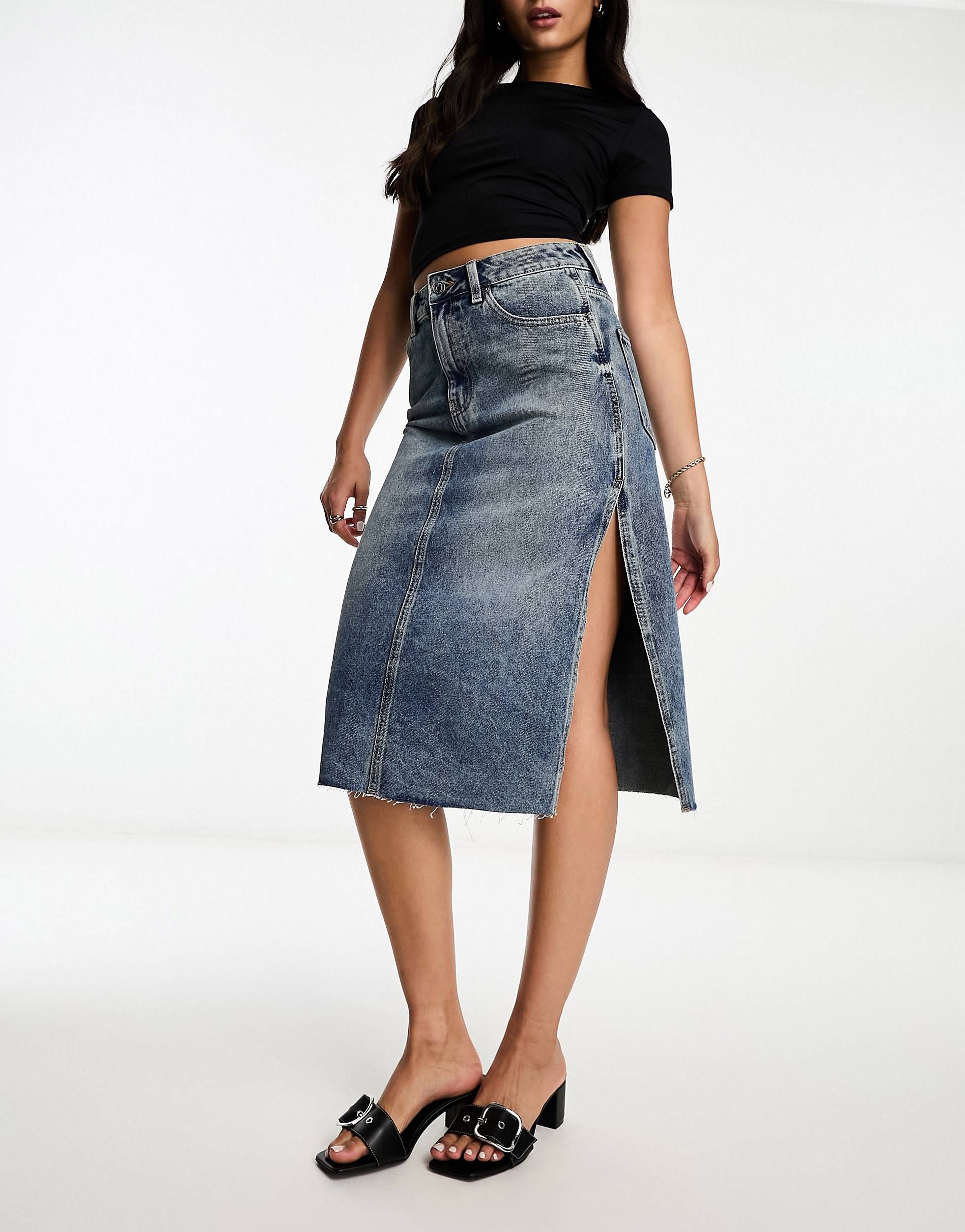 ASOS DESIGN denim midi skirt with side split in midwash blue | ASOS (Global)