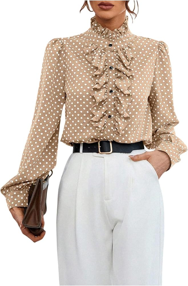Floerns Women's Ladies Polka Dots Long Sleeve Ruffle Button Down Business Dressy Casual Office Sh... | Amazon (US)
