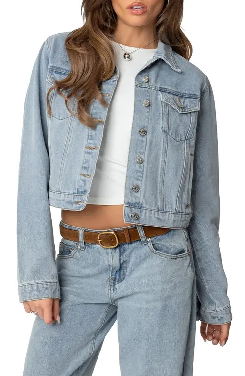 EDIKTED Barb Denim Crop Trucker Jacket in Light-Blue at Nordstrom, Size Large | Nordstrom