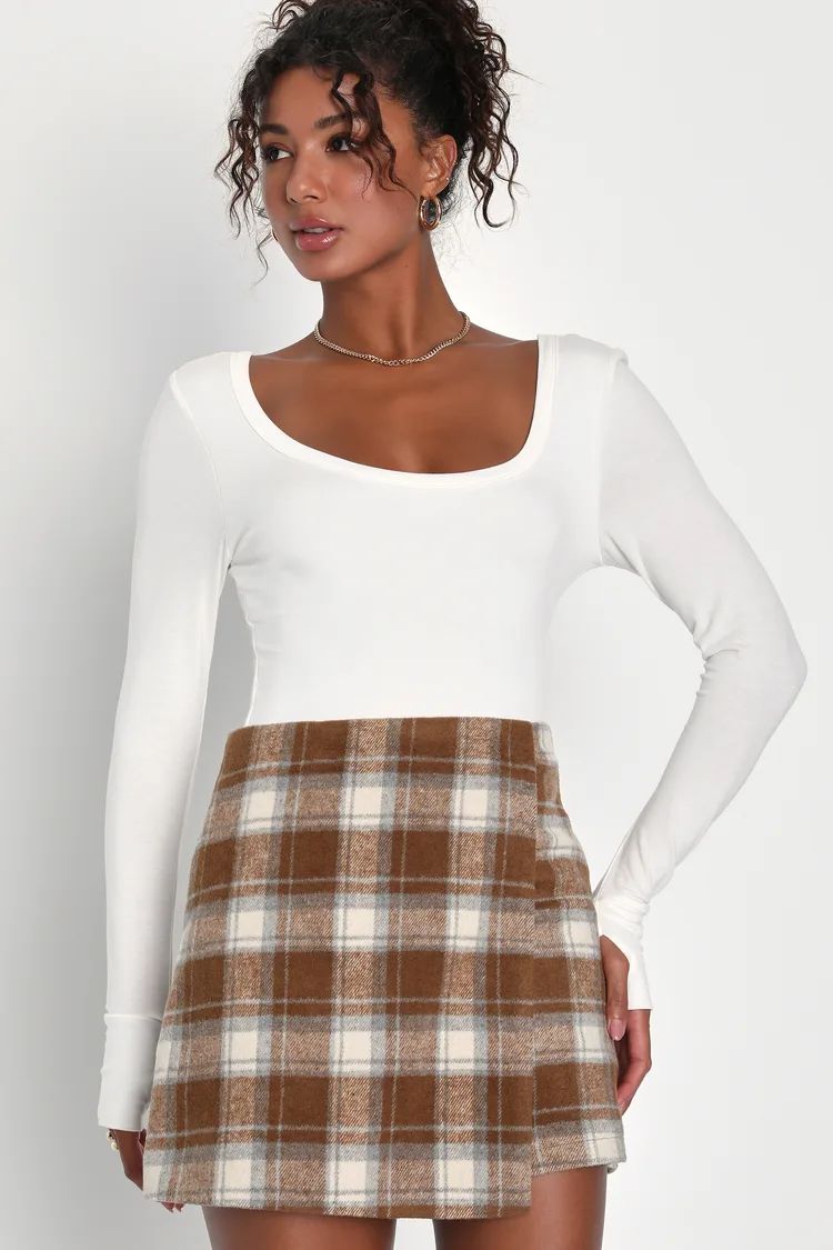 Mad for Plaid Brown and Blue Plaid Faux Wrap Mini Skirt | Lulus