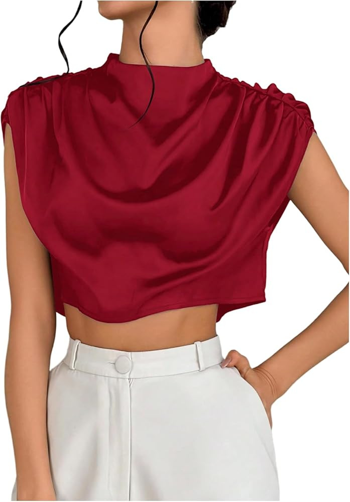 SweatyRocks Women's Satin Crop Tops Ruched Mock Neck Cap Sleeve Elegant Blouse Shirt | Amazon (US)