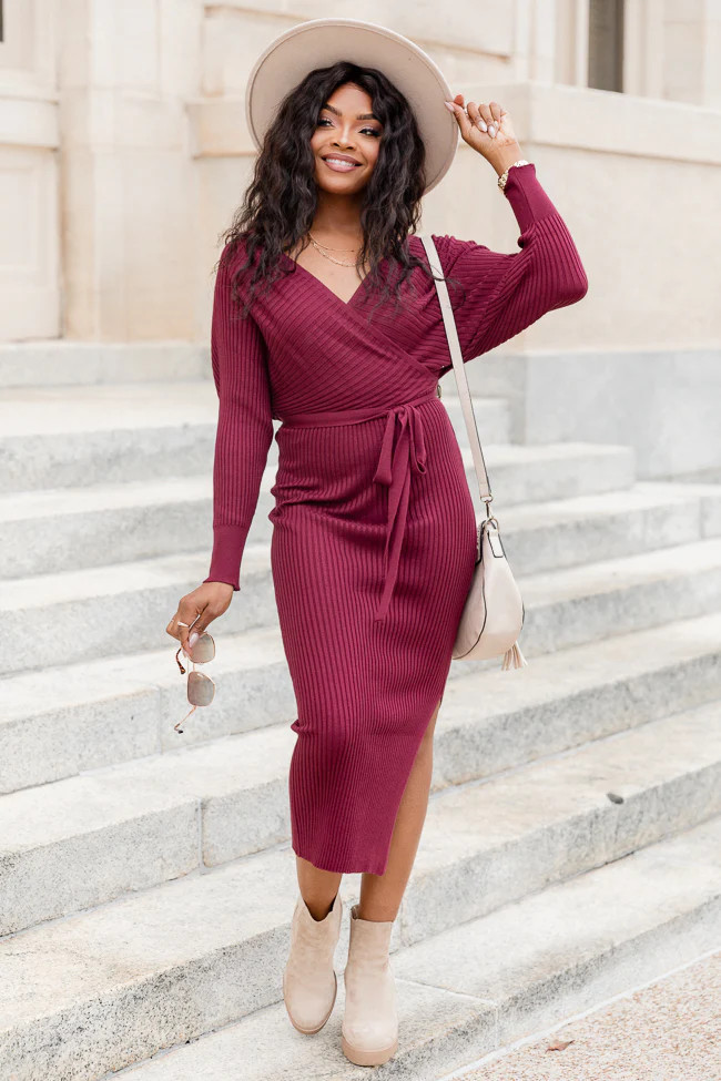 Main Event Wine Midi Wrap Sweater Dress | Pink Lily