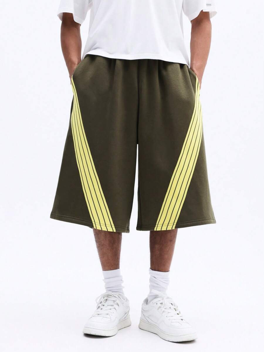 SUMWON Men Olive Green Baggy Loose Fit Bermuda Length Cargo Jorts With Yellow Side Tape Stripes A... | SHEIN
