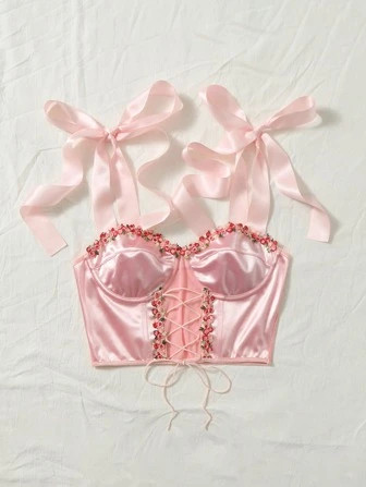 SHEIN MOD Applique Detail Lace Up Front Tie Shoulder Bustier Satin Cami Top | SHEIN