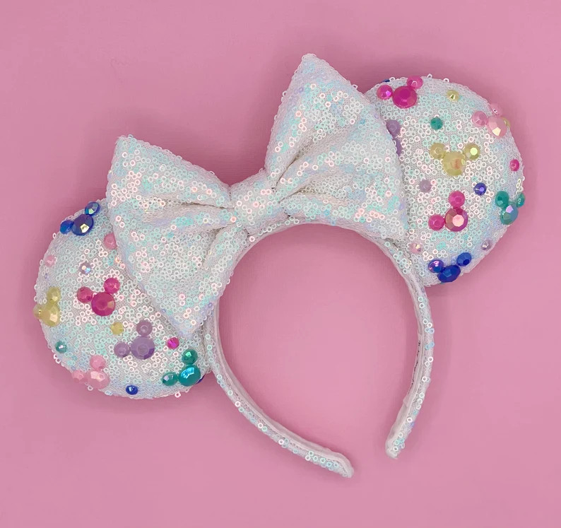 MADE TO ORDER Magical Celebration White Iridescent Sequin W/ Hidden Mouse Gem Ears | Minnie Ears ... | Etsy (US)