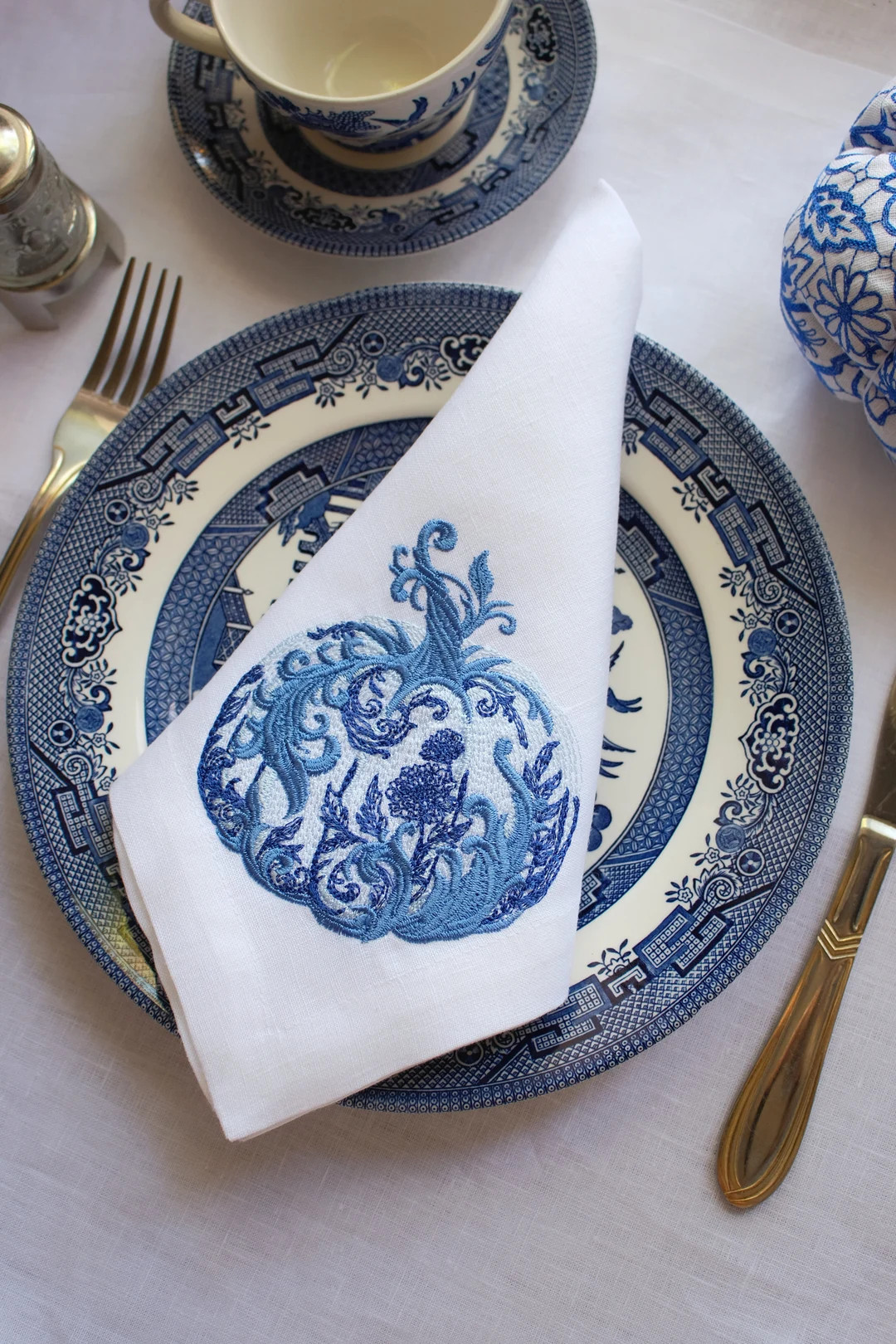 Blue Chinoiserie Chic Pumpkin Nakins Thanksgiving Cloth - Etsy | Etsy (US)