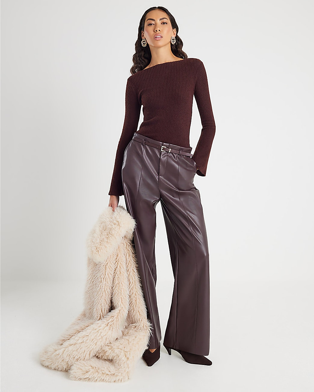 Brown Cosy Ribbed Long Sleeve Crew Neck Top | River Island UK & IE