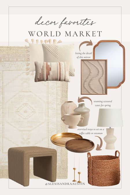 Decor favorites from World Market! Loving the neutral vibes combined with different textures for a spring refresh 

Home finds, spring refresh, decor faves, neutral home, aesthetic home, World Market, vase finds, mirror faves, wall art, ottoman finds, throw pillow, area rug, jute rug, table lamp, light and bright, ottoman tray, shop the look!

#LTKSeasonal #LTKhome #LTKstyletip