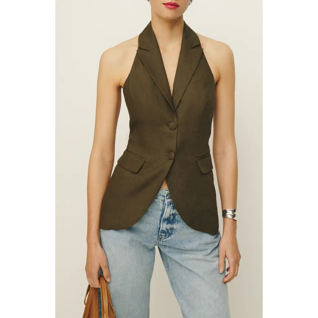 Reformation Brennan Halter Linen Vest in Dark Olive at Nordstrom, Size 0 | Nordstrom