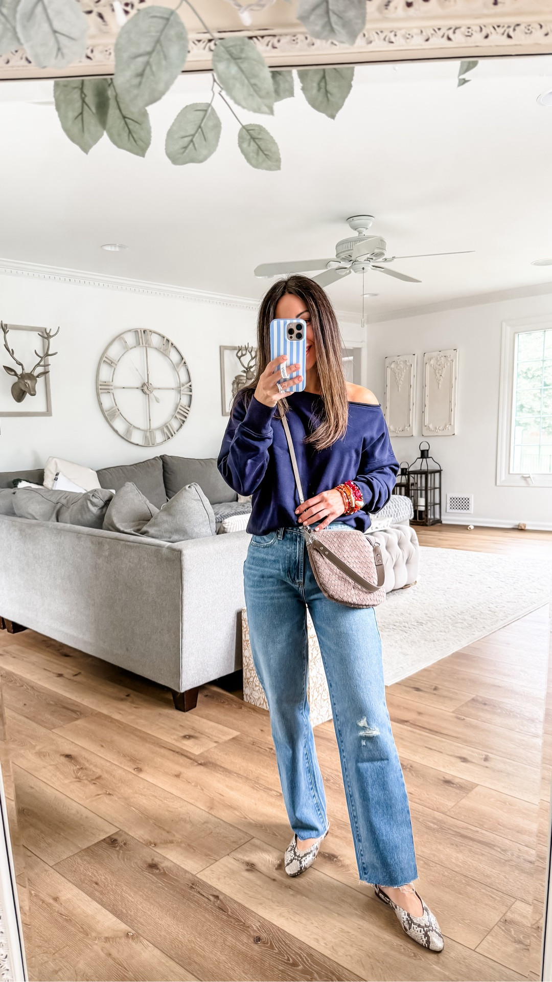Straight leg jeans, 25 short. Off the shoulder sweatshirt small. Crossbody bag. Fall bag.  Clogs TTS. Jewelry code HOUSEOFLEO20 @Quince

#LTKOver40 #LTKPetite