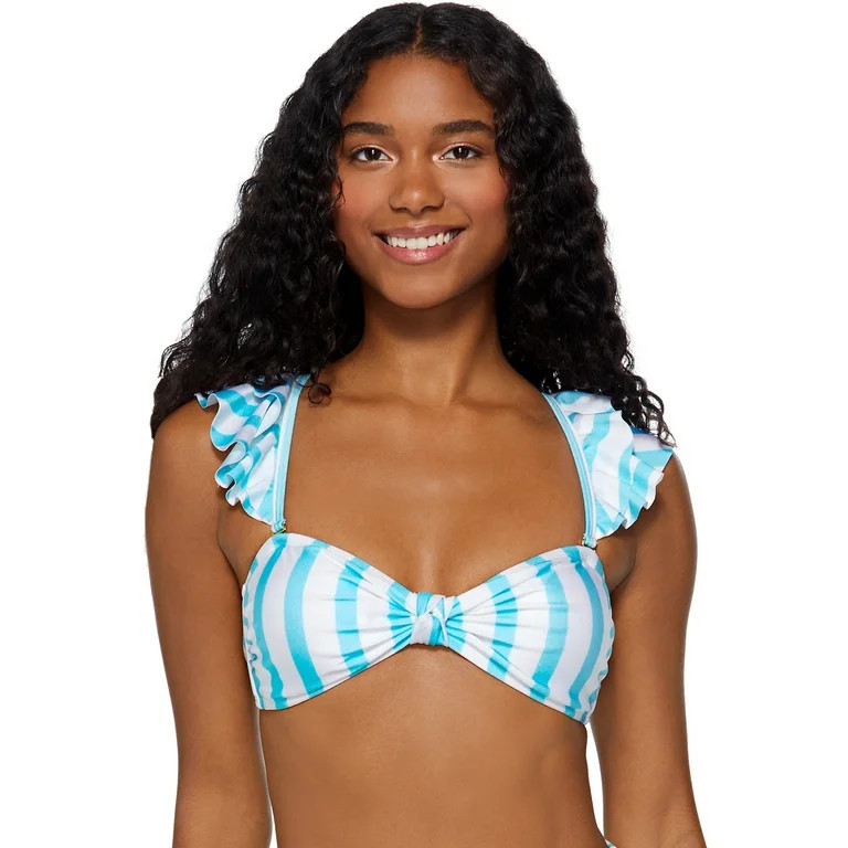 No Boundaries Juniors Blue Stripe Ruffle Strap Swim Top | Walmart (US)
