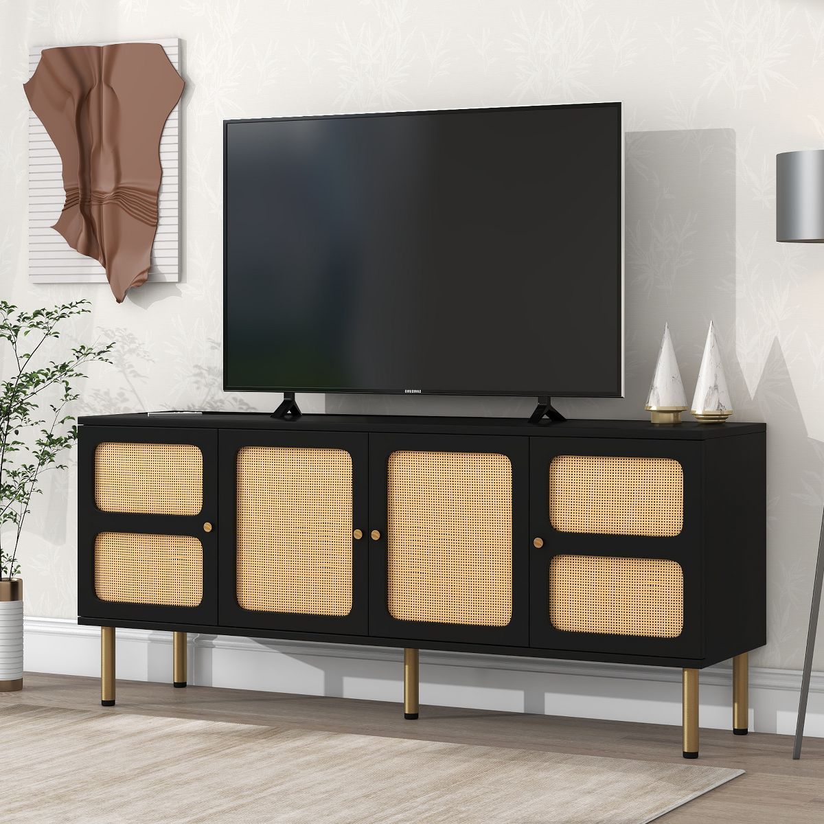 64.9" TV Stand with Rattan Doors, Fits TVs Up to 70", Woven Media Console Table with Gold Metal B... | Target