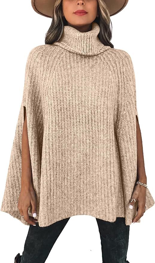 KIRUNDO Women's 2023 Fall Winter Turtleneck Poncho Sweater Fashion Chunky Knit Cape Wrap Sweaters... | Amazon (US)
