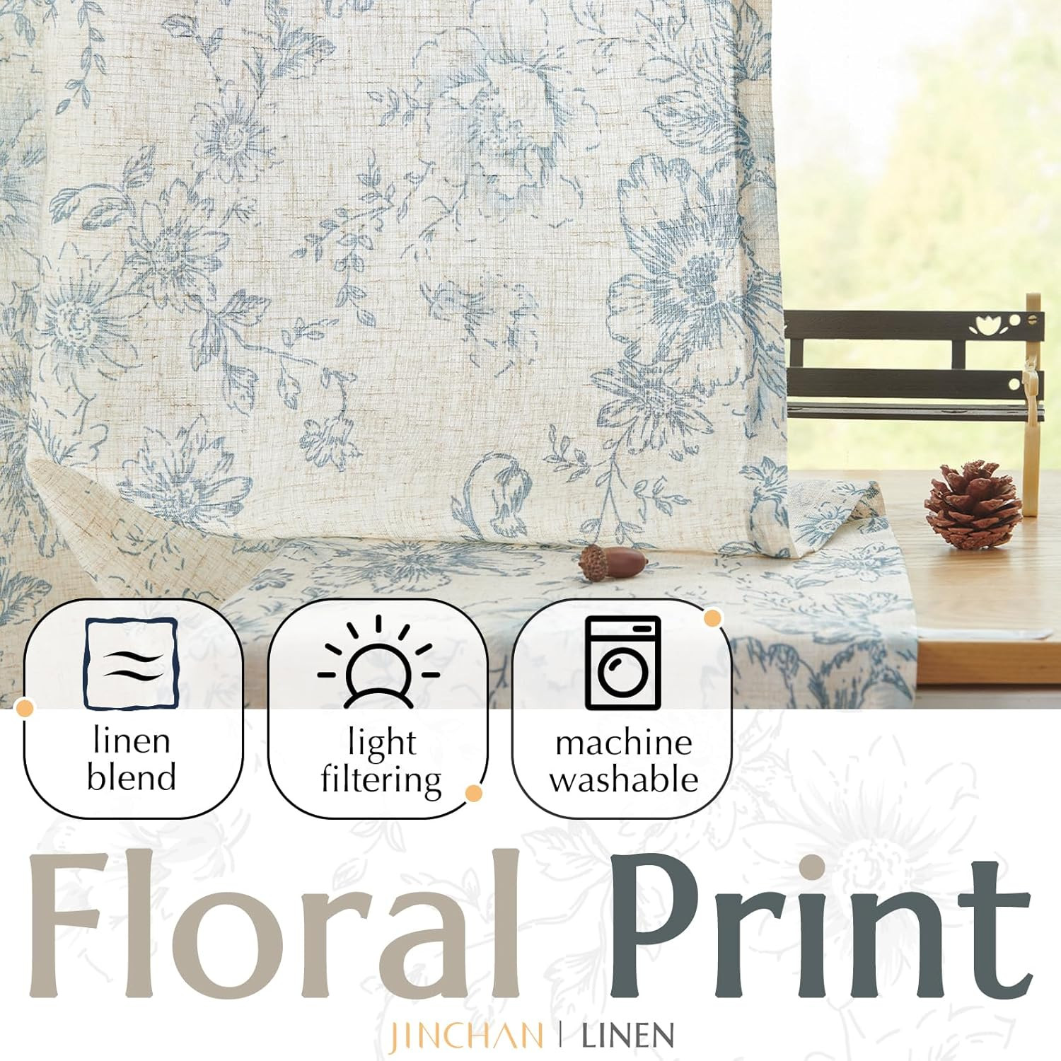 jinchan Linen Blend Curtains Floral Curtains for Living Room 84 Inch Length Blue Printed Curtains... | Amazon (US)