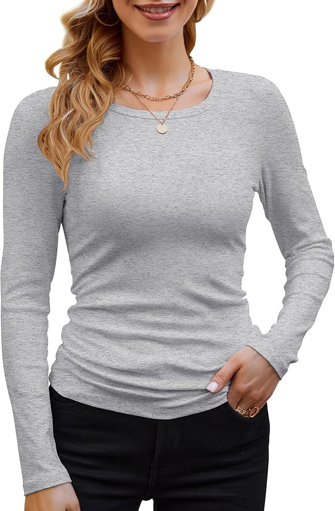 GEMBERA Womens Ribbed Long Sleeve Crewneck Casual Slim Basic Shirts Fitted Knit Tops | Amazon (US)