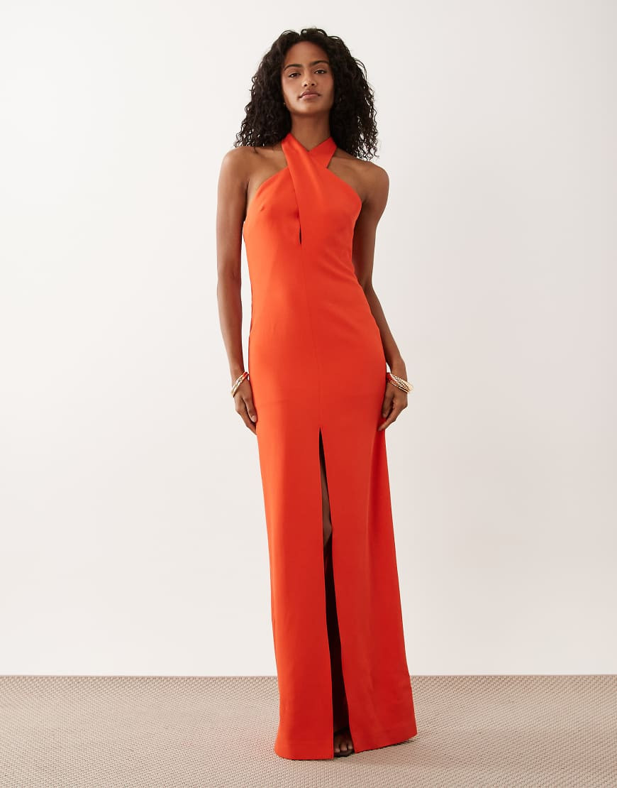Mango Capsule deep v halterneck maxi dress in bright red | ASOS (Global)