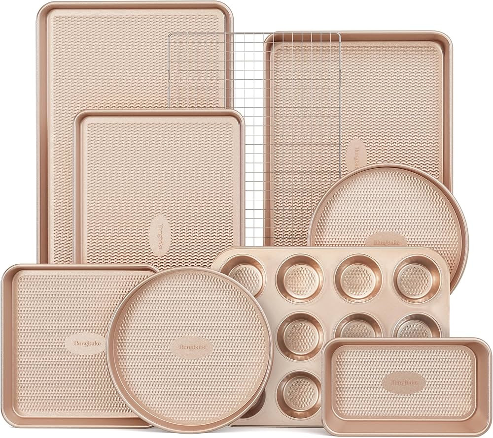 HONGBAKE 9-Piece Baking Pans Set Nonstick, Stackable Non Toxic Bakeware Sets with Diamond Texture, Oven Pan Set for Cooking, Includes Cookie Sheet with Rack, Cake Pan, Roasting Pan, Muffin Pan, Gold | Amazon (US)
