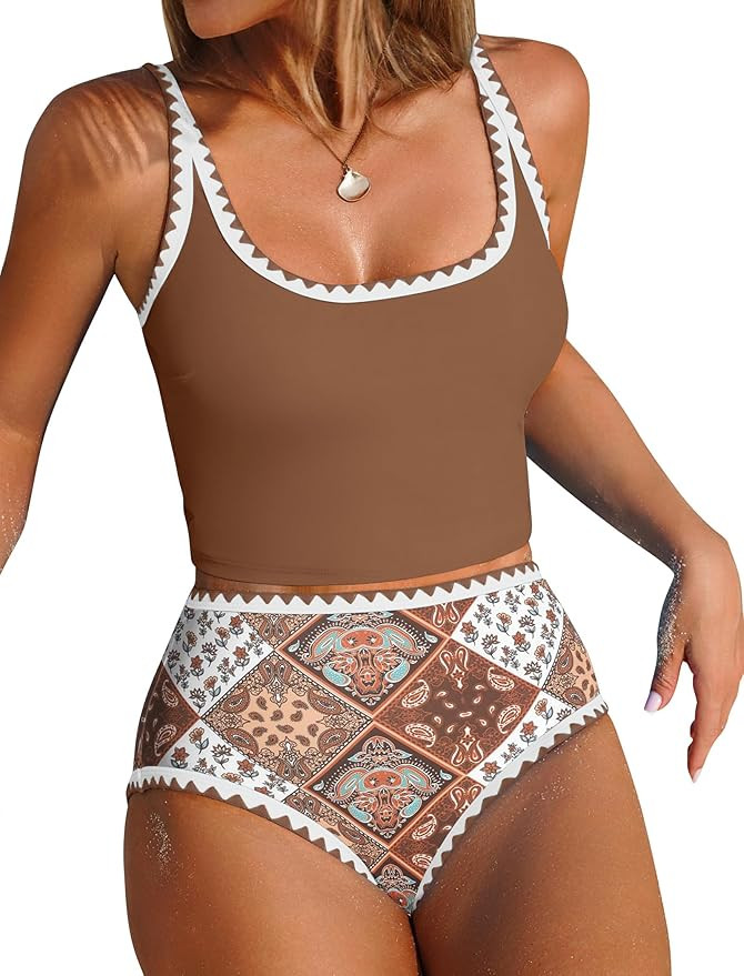 ZAFUL Tankini Swimsuit Tummy Control Bathing Suits Two Piece Swim Top with High Waisted Bottom | Amazon (US)