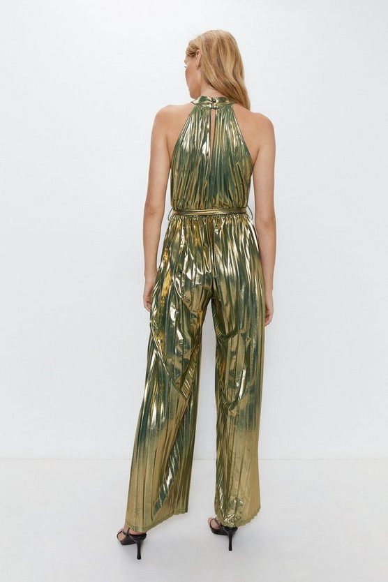 Metallic Lame Pleated Halter Neck Jumpsuit | Warehouse UK & IE