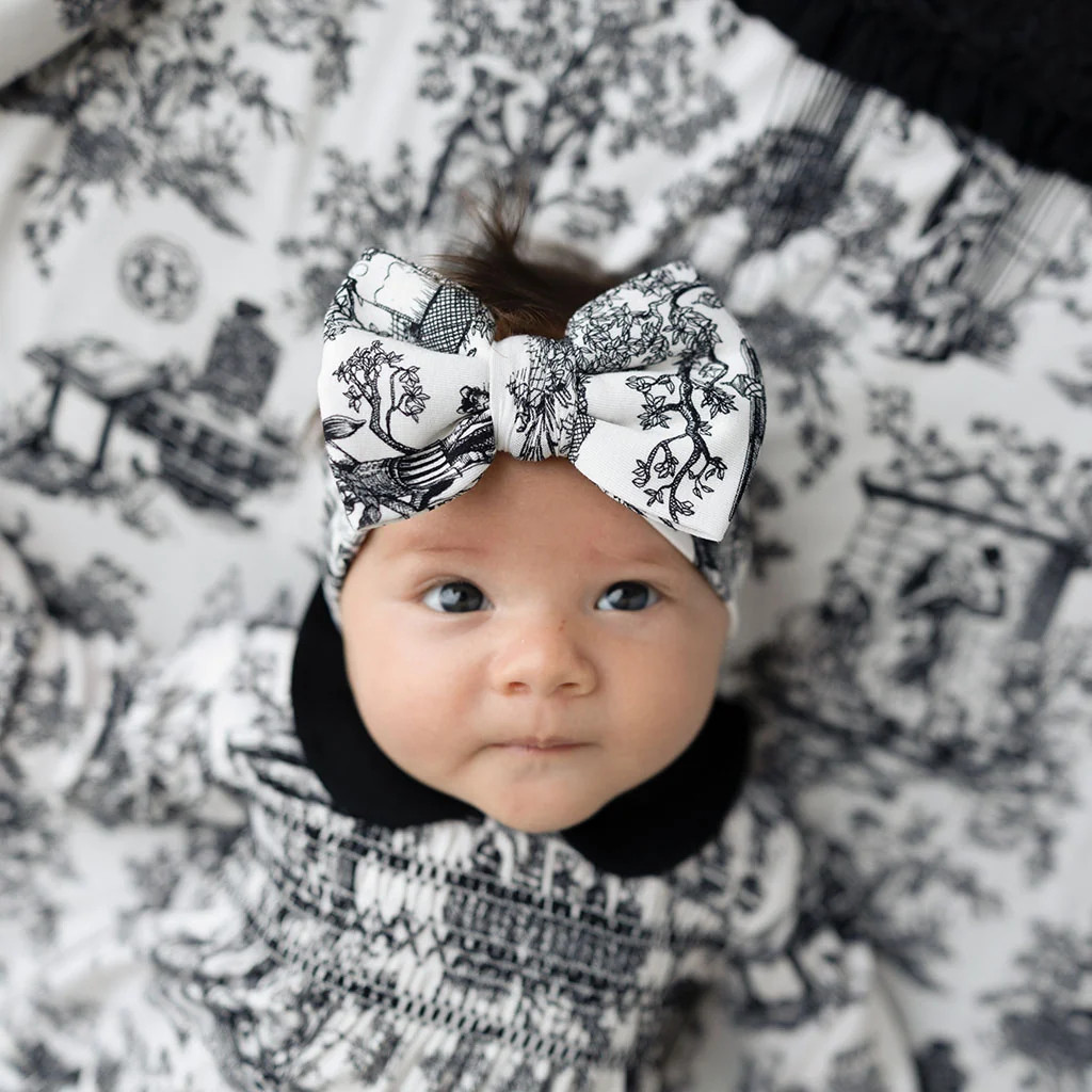 999 Happy Haunts White Baby Girl Big Bow Headwrap | Disney The Haunted Mansion Toile | Posh Peanut