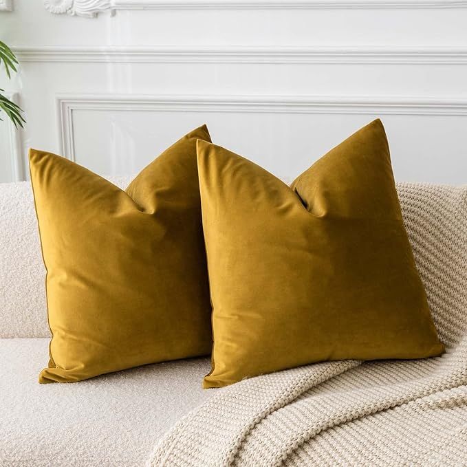 JUSPURBET Mustard Yellow Velvet Throw Pillow Covers 18x18 Set of 2 for Sofa Couch Bed,Decorative ... | Amazon (US)