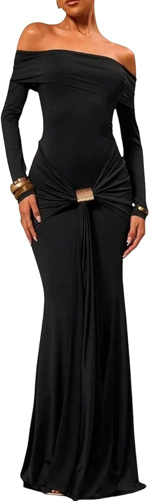 Women's Grace Maxi Dress Off Shoulder Long Sleeve Bodycon Elegant Solid Formal Gown for Wedding G... | Amazon (CA)
