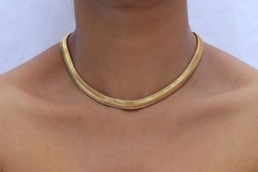 18K Gold Filled Thick Herringbone Necklace | Gold Snake Necklace | Herringbone Necklace | Herring... | Etsy (US)