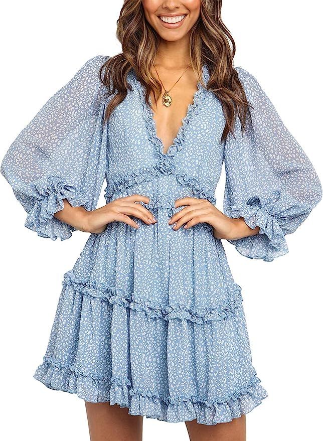 Dokotoo Womens 2022 Fall Summer Deep V Neck Ruffle Long Sleeve Floral Print Mini Dress | Amazon (US)