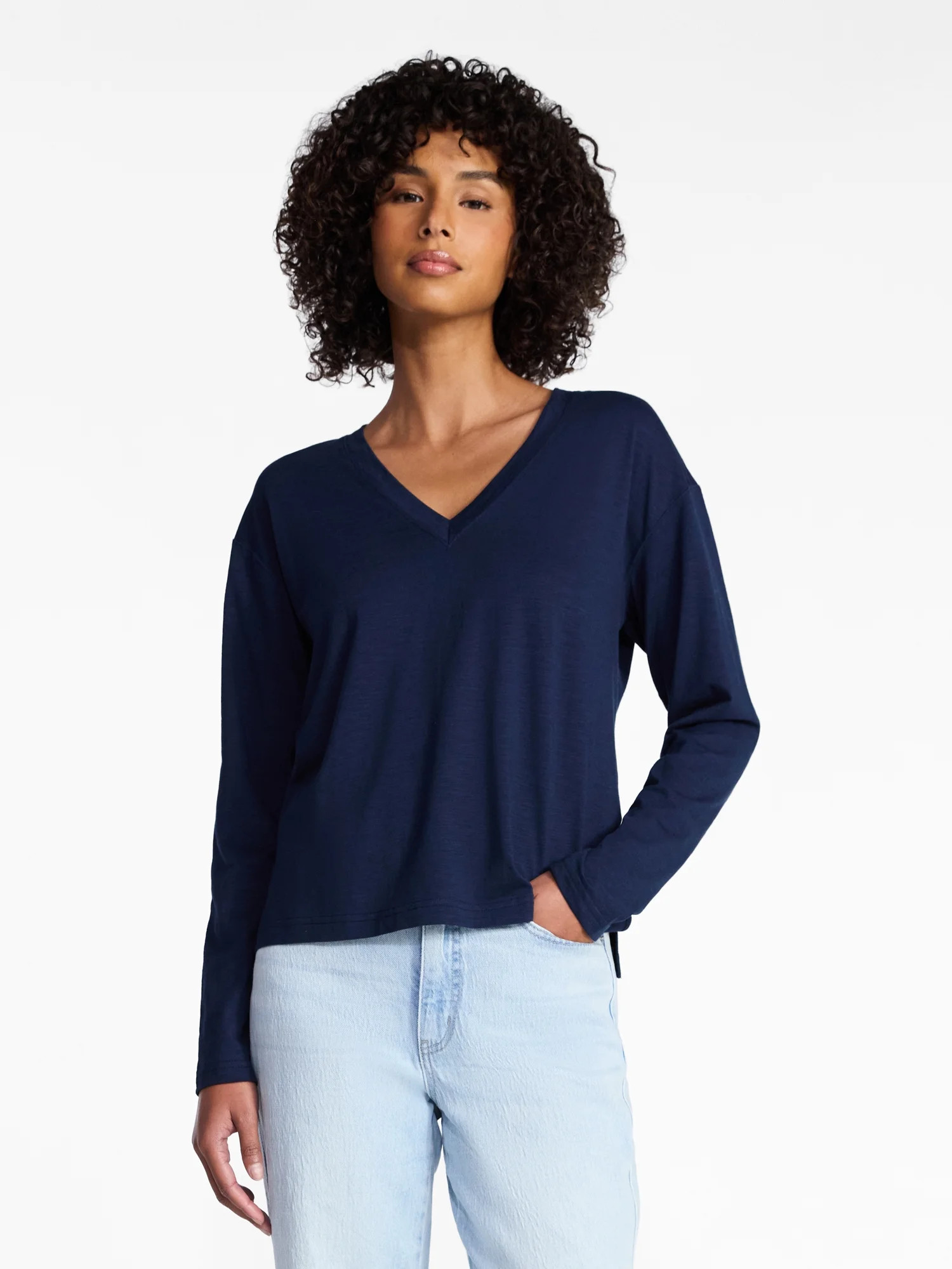 Time and Tru Women's Boxy Slub V-Neck Tee with Long Sleeves, Sizes XS-XXXL | Walmart (US)