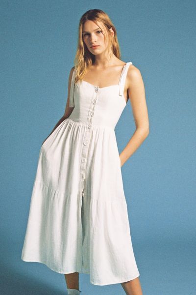 UO Positano Linen Tie-Shoulder Midi Dress - White XS at Urban Outfitters | Urban Outfitters (US and RoW)