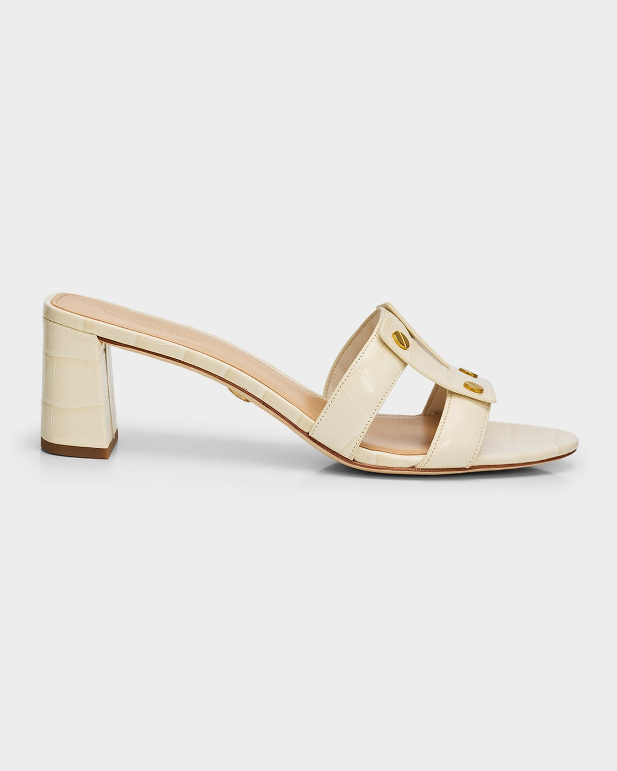 55mm Via Croc-Embossed Leather Block-Heel Sandals | Neiman Marcus