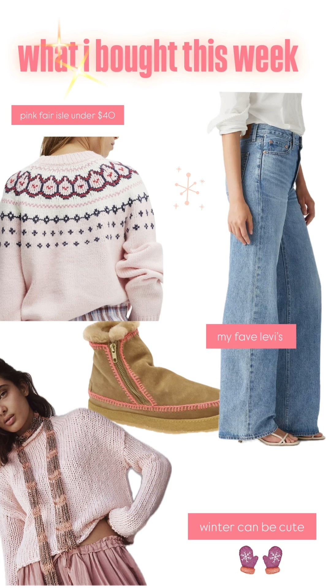 new finds for winter
my fave sweater in pale pink (i can do my true size xs or size up to small)
pink fair isle on sale for under $35
suede boots
winter boot
levi’s 
Free Peoplee

#LTKSaleAlert #LTKOver40 #LTKHoliday