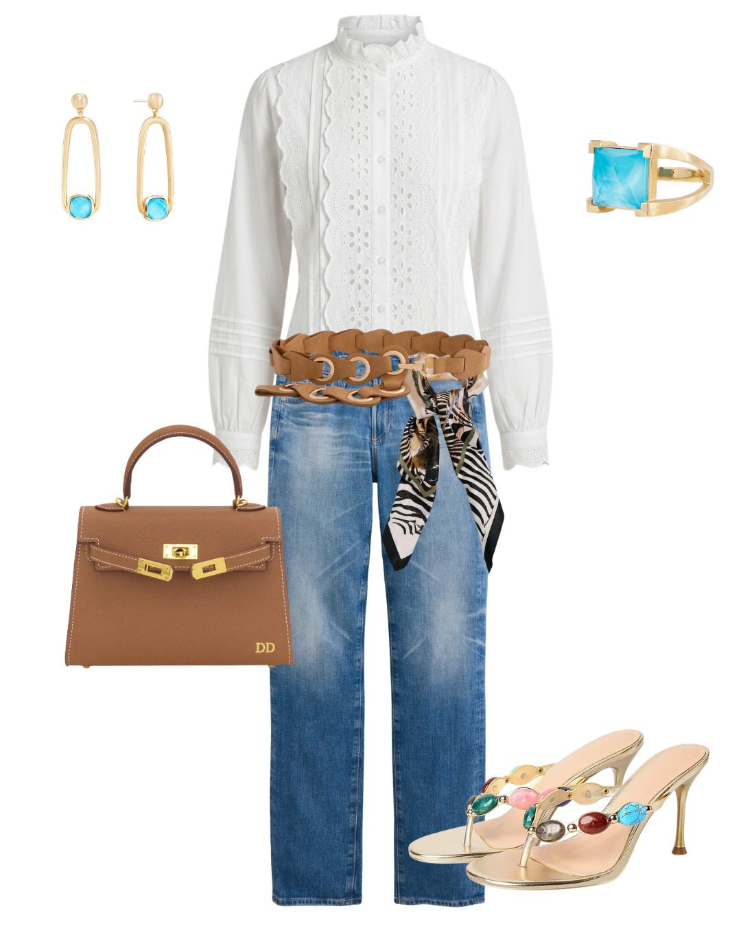 This white eyelet detail button-up top from Avara features delicate eyelet detailing and a classic button-up silhouette for a feminine take on an everyday staple. Pair it with denim and loafers for an easy, timeless look that’s perfect for brunch, casual office days, or weekend outings.
My favorite vintage style straight leg jeans by AG Jeans. 
Turquoise blue jewelry, the Monterrey Collection by Dean Davidson 
Mini Hermes look alike handbag.

#LTKgrwm #LTKootd #LTKOver40