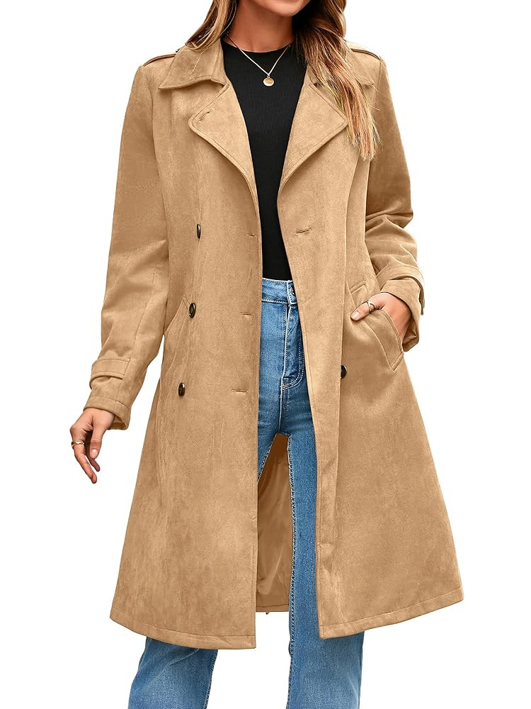 Simplee Womens Long Trench Coat Fall Winter Double Breasted Classic Lapel Slim Work Office Suede ... | Amazon (US)