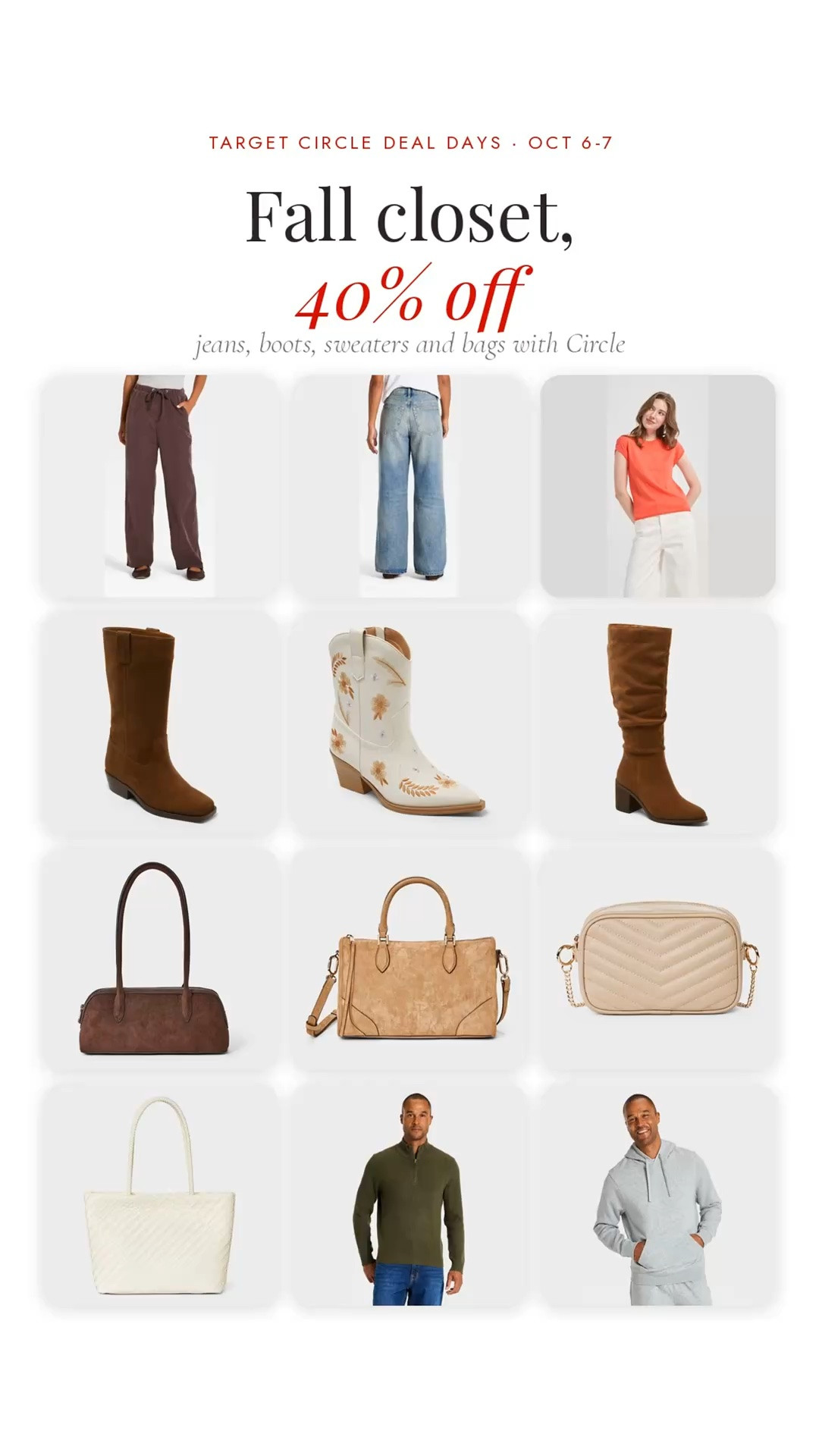 Fall wardrobe refresh = DONE 🍂 Select Target fashion is up to 40% off with Target Circle October 6–7, and there are SO many good basics.

For her: Universal Thread pull-on jeans in brown or dark wash — $35, mid-rise loose jeans — $40, plus the A New Day cap sleeve sweater in pink, brown polka dot, navy, navy stripe or turquoise — $35.

Then the BOOTS 👢
Bri boot in light brown — $45
Val ankle boot in cream — $50
Kitty tall boot in chocolate or cognac — $45

The A New Day bags are also so good:
Long handle satchel — $18
Satchel crossbody — $30
Quilted camera crossbody — $25
Woven tote — $40

For him: Goodfellow quarter zip in green — $40 and fleece hoodie in cream, green, heathered gray, jet black or brown — $25.

Prices are BEFORE the Circle discount, so these will be even better October 6–7 👀
@
fall outfits, fall fashion, jeans, sweater, boots, ankle boots, tall boots, handbag, crossbody bag, tote bag, mens quarter zip, hoodie, Universal Thread, A New Day, Target fashion, Target Circle deals @Target

#LTKgrwm #LTKootd #LTKSaleAlert