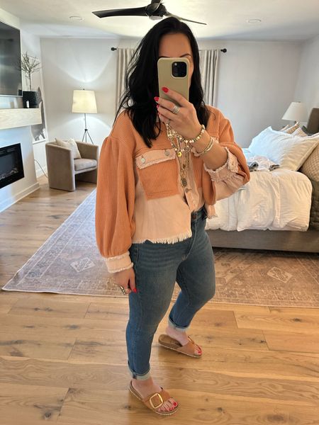 This top/cardigan/jacket is giving me total Free People vibes! Wearing a large but could have done a medium. Jeans size 28 (size down in them), shoes fit TTS. Use code SANDI for 20% off the top. 

#LTKsalealert #LTKfit #LTKcurves