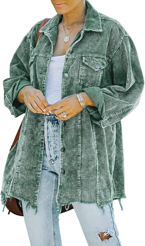 Hixiaohe Women's Casual Oversized Button Down Corduroy Shirt Jacket Coat Washed Retro Shacket | Amazon (US)