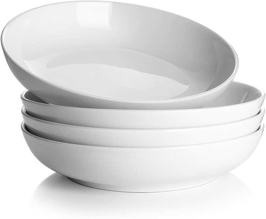 DOWAN Pasta Bowls 30 Ounce, Large Ceramic Salad Serving Bowls, White Shallow Pasta Bowls Set of 4... | Amazon (US)