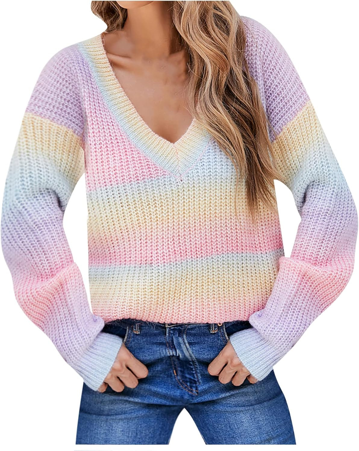 Women Rainbow Sweater Oversized Striped Knit Pullover Pastel Multicolor V Neck Long Sleeve Fall F... | Amazon (US)