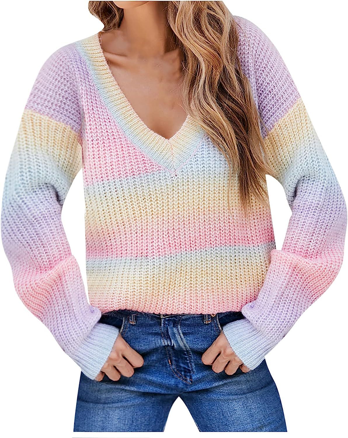 Women Rainbow Sweater Oversized Striped Knit Pullover Pastel Multicolor V Neck Long Sleeve Fall F... | Amazon (US)