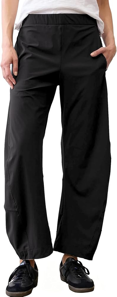 Women Barrel Travel Pants Elastic Waistband Tapered Leg Baggy Mid Rise Work Trousers Lounge Pant ... | Amazon (US)