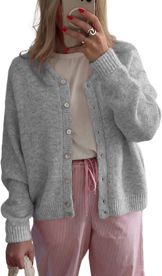 Women's Long Sleeve Front Button Y2k Cardigan Sweaters Crew Neck Loose 2024 Fall Tops | Amazon (US)