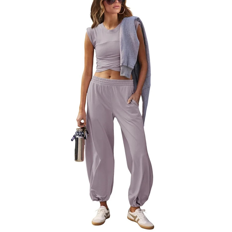 Lentta Women's Two Pieces Outfits Casual Lounge Sets Cropped Tops Sweatpants Tracksuit with Pocke... | Walmart (US)