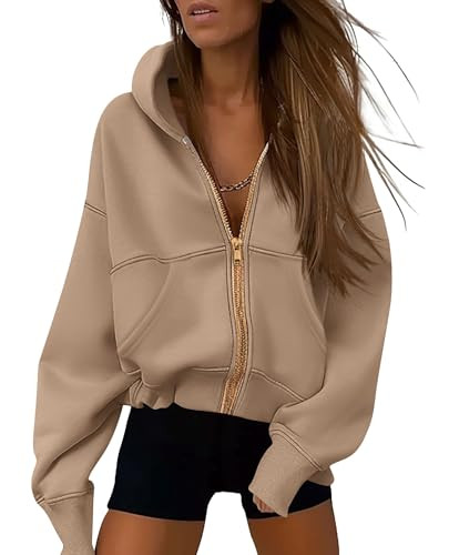 PRETTYGARDEN Women's Zip Up Hoodie Sweatshirt Y2K Fall Fashion Clothes Long Sleeve Loose Fit Pockets Casual Trendy Jacket (Grey Khaki,Medium) | Amazon (US)