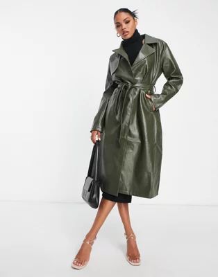 Aria Cove faux leather trench coat in khaki | ASOS (Global)