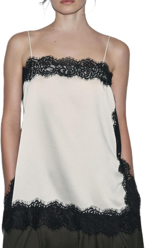Acrawnni Women Y2k Satin Lace Trim Satin Camisole Tank Tops V Neck Sleeveless Spaghetti Strap Blo... | Amazon (UK)
