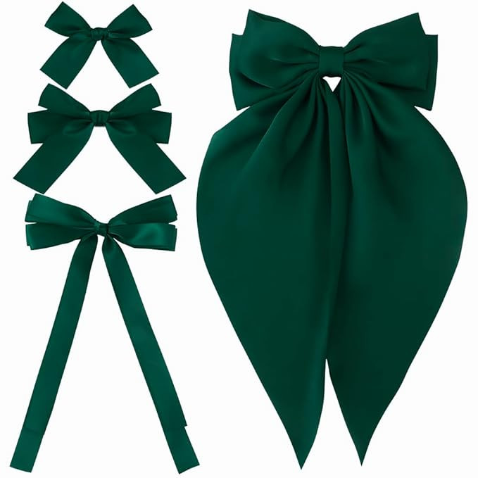 Hair Bow Clips for Women Girls, 4 Pcs Green Silky Satin Oversized Long Tail Bow Hair Clips, Allig... | Amazon (US)