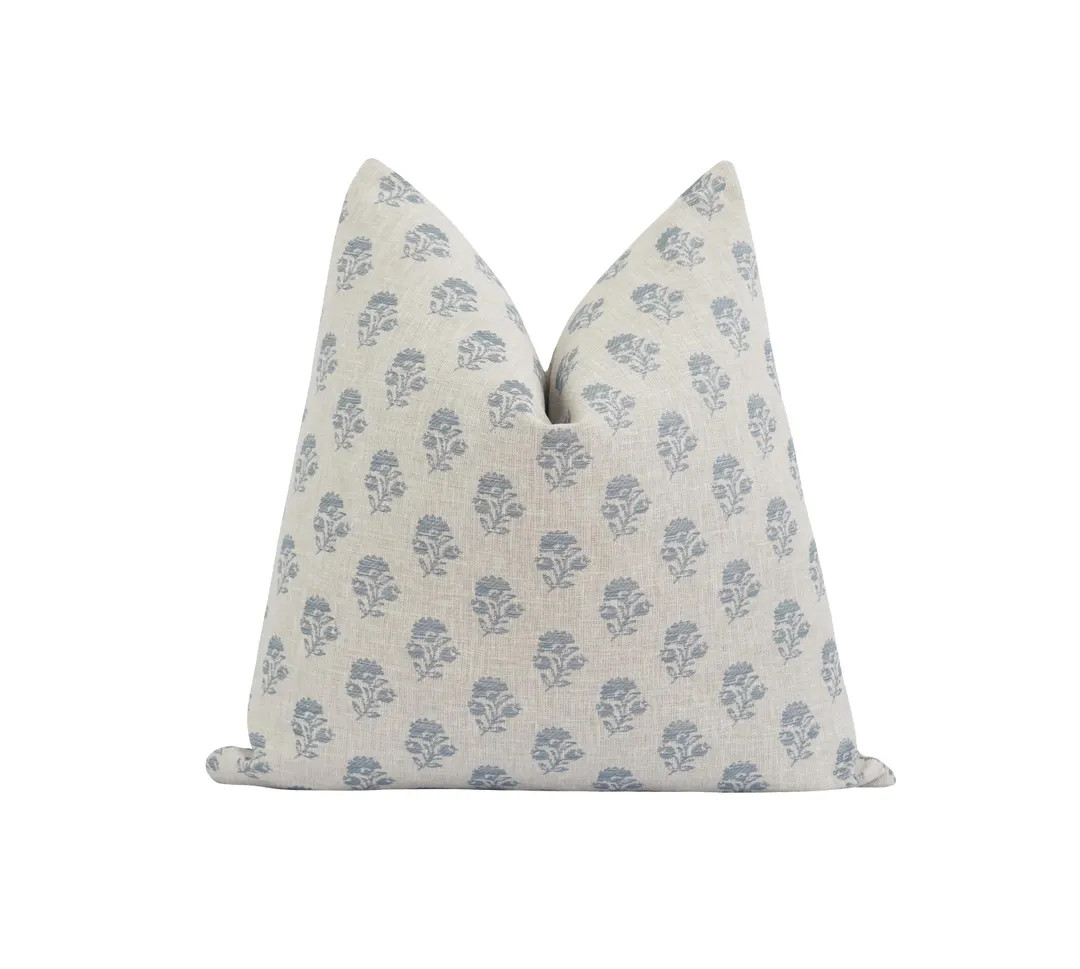 Handmade Slate Blue Floral Print Pillow Cover, Elegant Decorative Pillow Cover in Slate Blue and ... | Etsy (US)