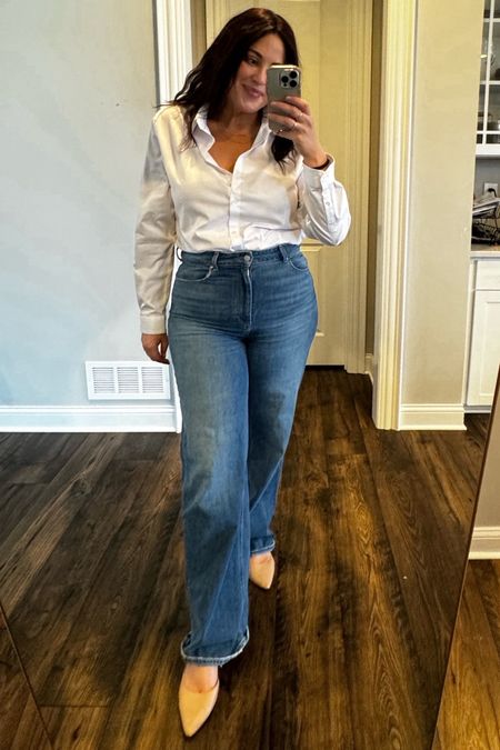 A long torso friendly button up bodysuit for less than $40! 

Prefer it to my much more expensive Commando bodysuit of same style. It barely wrinkles and looks so crisp. Perfect for layering. 

These are my investment but staple jeans I wear constantly.
And a basic inexpensive nude flat. 